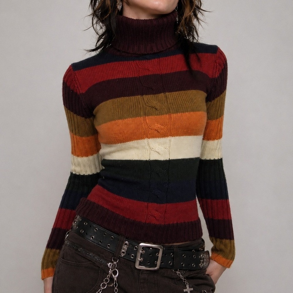 Debbie Morgan Rainbow Stripe Cable Knit Turtleneck Sweater Y2K Boho Size S
